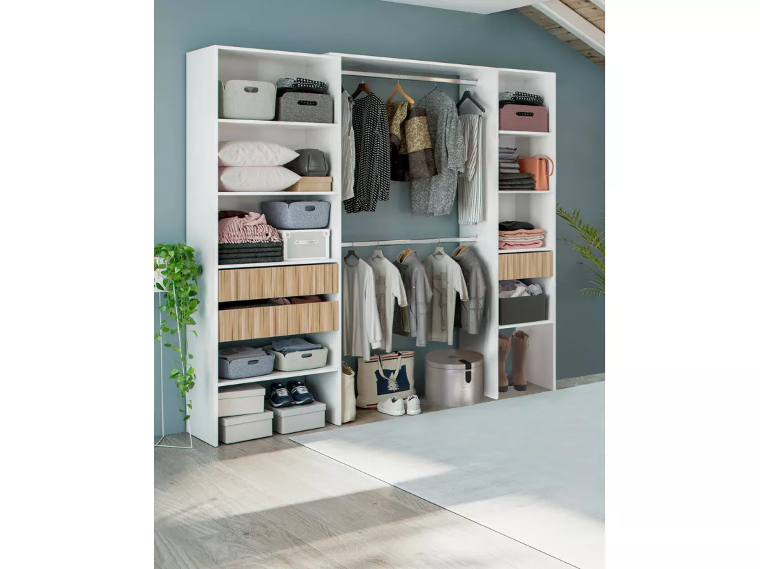 Armoire Donest, Meubles de chambre à coucher, Armoire à vêtements avec étagères et 3 tiroirs, 196x40h187 cm, Blanc et Chêne