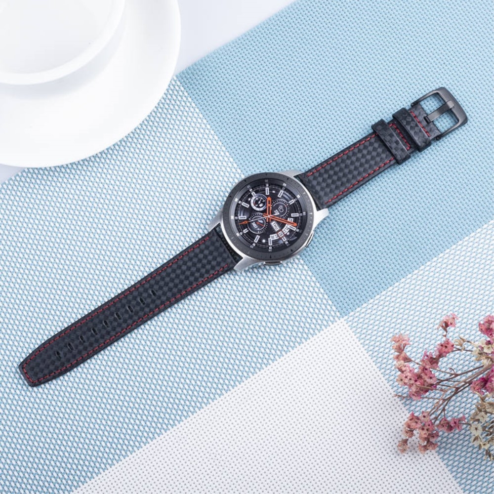 (Gr. XL) Samsung Galaxy Watch 46mm / Gear S3 Classic / S3 Frontier Echtleder Armband im Carbon Look (Gelenkumfang 185-245 mm) - Schwarz / Rot