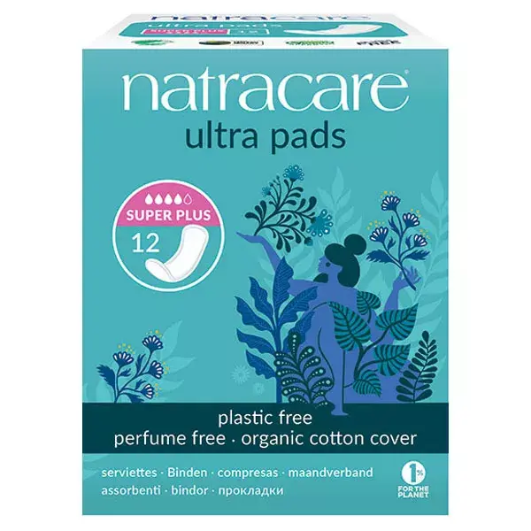 Absorventes higiênicos Natracare Ultra Pads Super Plus sem abas, pacote com 12 unidades.
