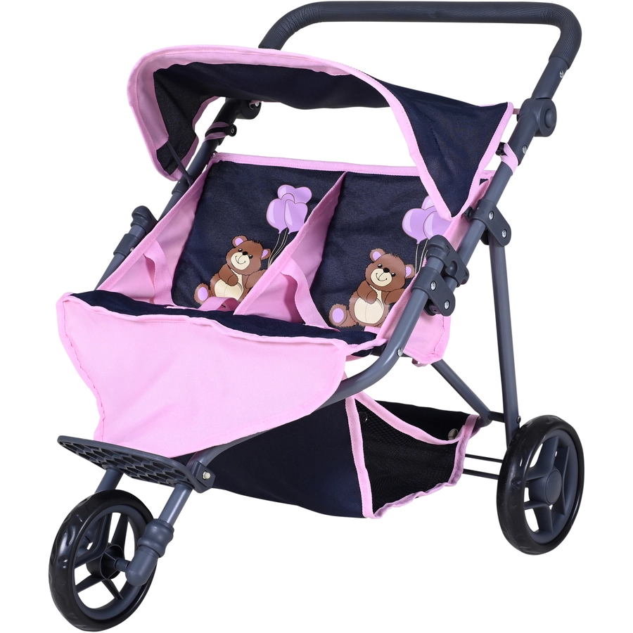 knorr toys® Zwillingspuppenwagen Duo - Navy pink bear blau
