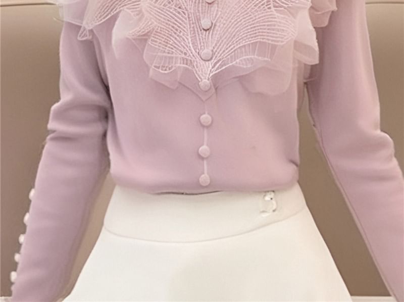 Yohana - Top met lange mouwen, V-hals, mesh ruches en bobbelbreisel