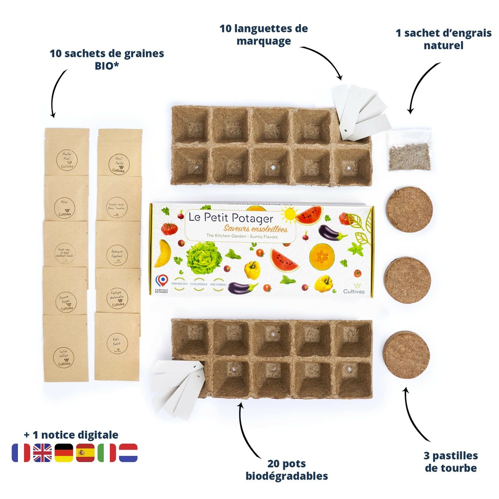 Cultivea le kit prêt à pousser petit potager saveurs anciennes - herbes aromatiques, tomates, chou kale, carotte