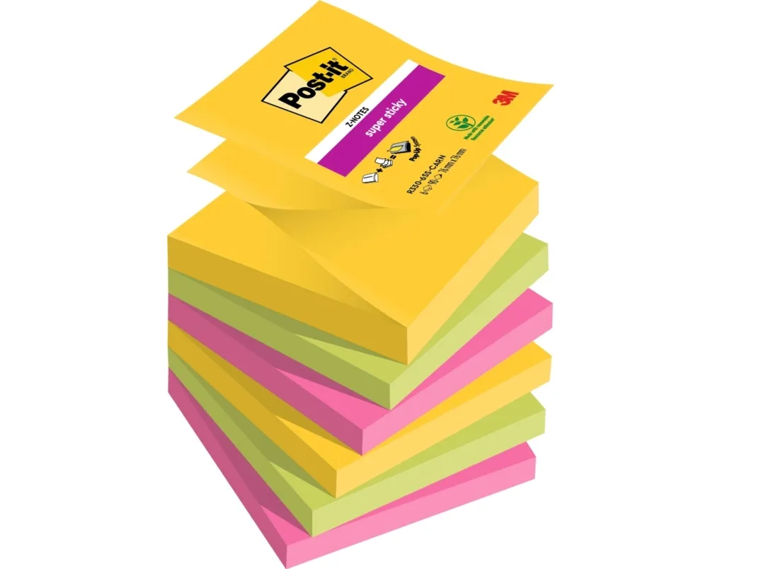 Post-it® Super Sticky Z-Notes Carnival 76x76 mm med 90 ark pr. blok - (6 stk.)