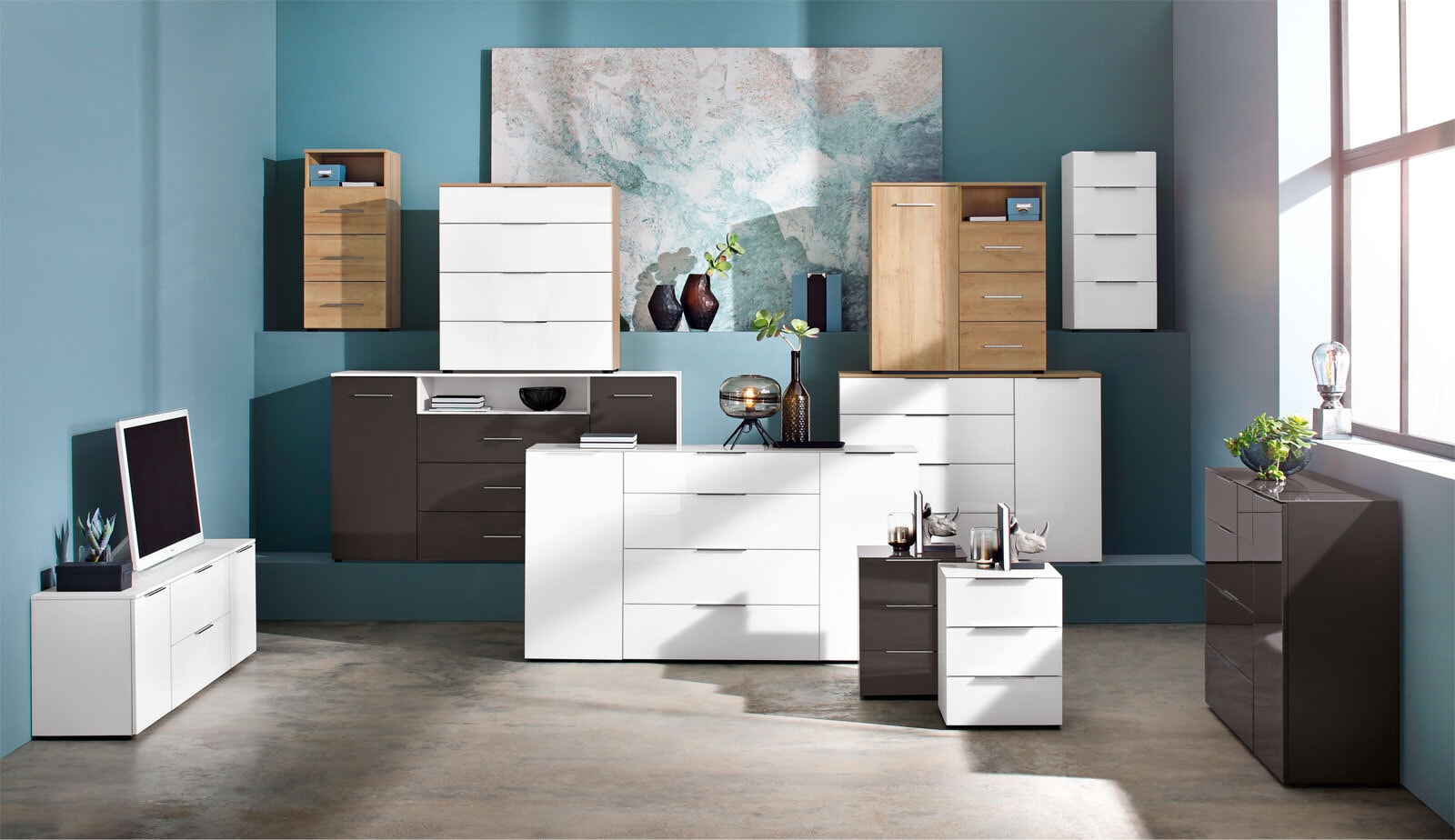 Kommode Mila 90 x 100 cm Weiß / Weiß Glas