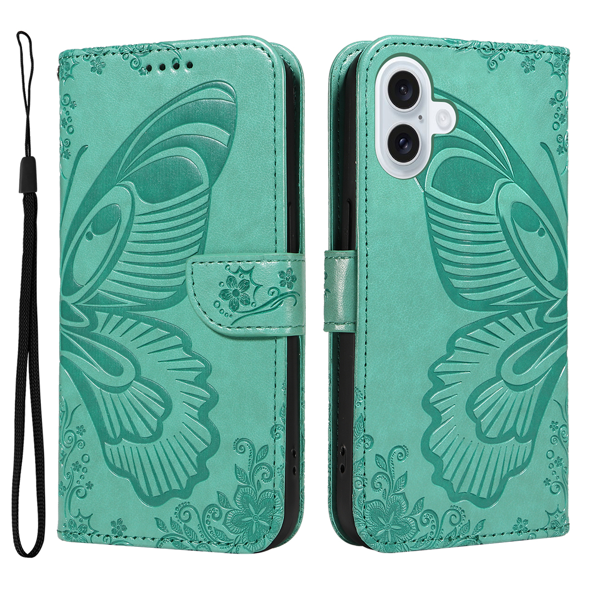 iPhone 17 Leder Tasche Flip Cover Schmetterlinge Imprint - Türkis