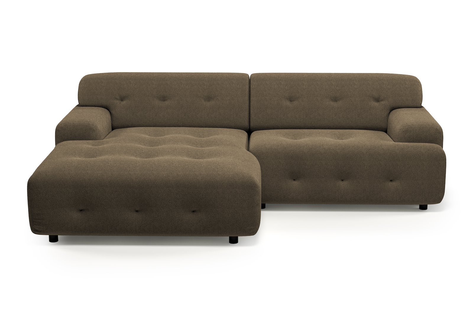 Bob sofa 1,5-seter med sjeselong venstre. Tekstil Mito 176 Dark Brown med sorte ben.