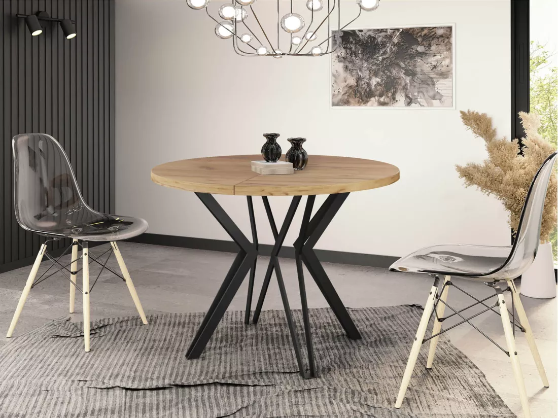 Table Ronde Salle à Manger - 120/196 Cm De Diamètre - Table à Rallonges Avec Pieds En Métal Noir - Style Industriel - Compacte -chêne Craft