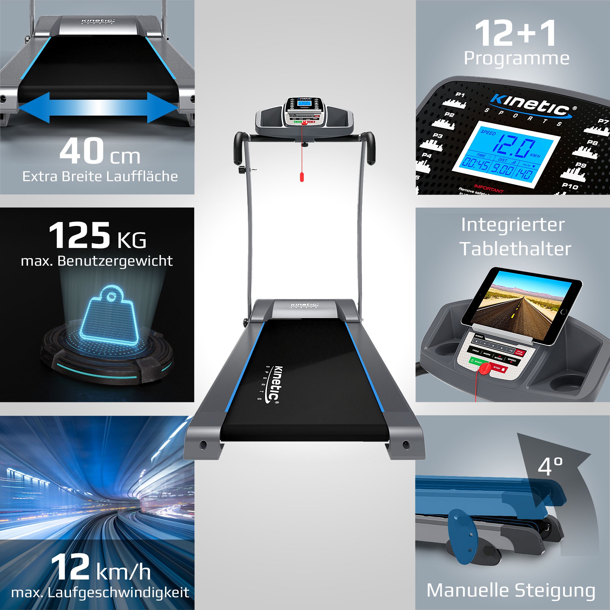KINETIC SPORTS Laufband KST3100FX mit 1100 Watt leiser Elektromotor - Stufenlos bis 12 km/h, 12 Programme für Geh- und Lauftraining, Tablethalterung mit LCD-Display, max. Belastung 125 kg | Standard