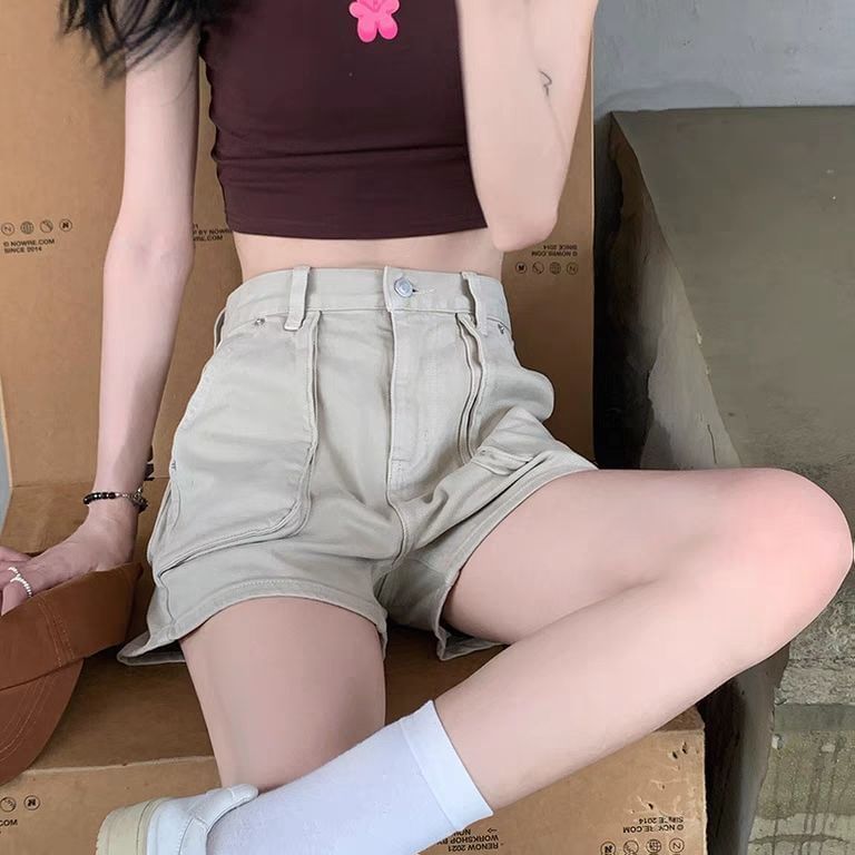 Coline - Hoge taille denim cargo shorts met wijde pijpen