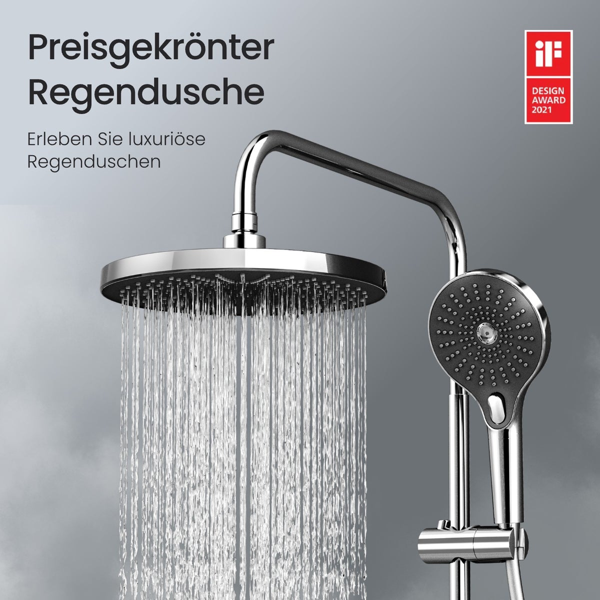EMKE douchesysteem met intelligente thermostaat – doucheset met 35 cm thermostatisch paneel, handdouche met 3 straalsoorten, KTW-gecertificeerd, chroom, kalkbestendig