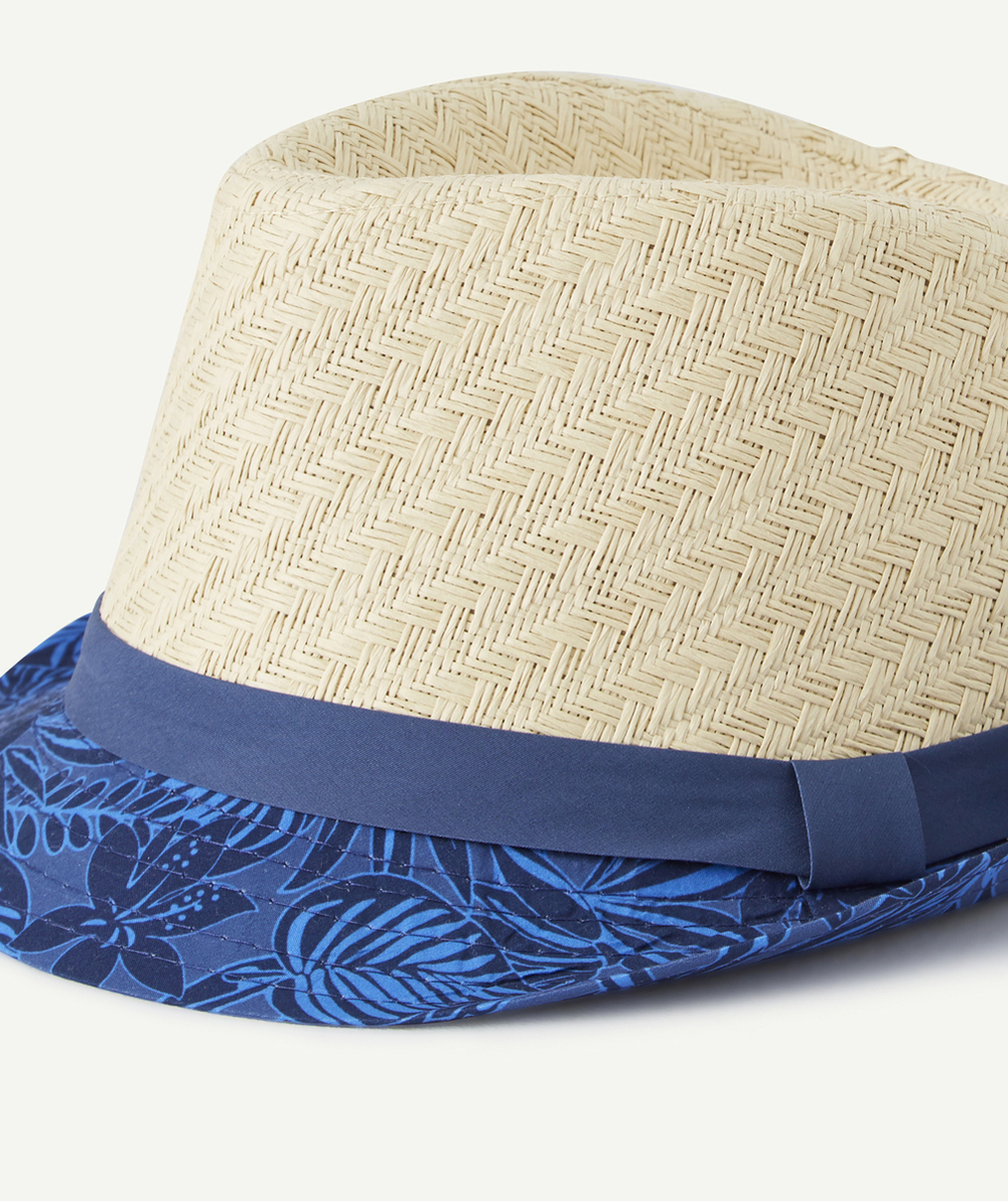 CHAPEAU DE PAILLE GARÇON AVEC TISSU BLEU MARINE IMPRIMÉ