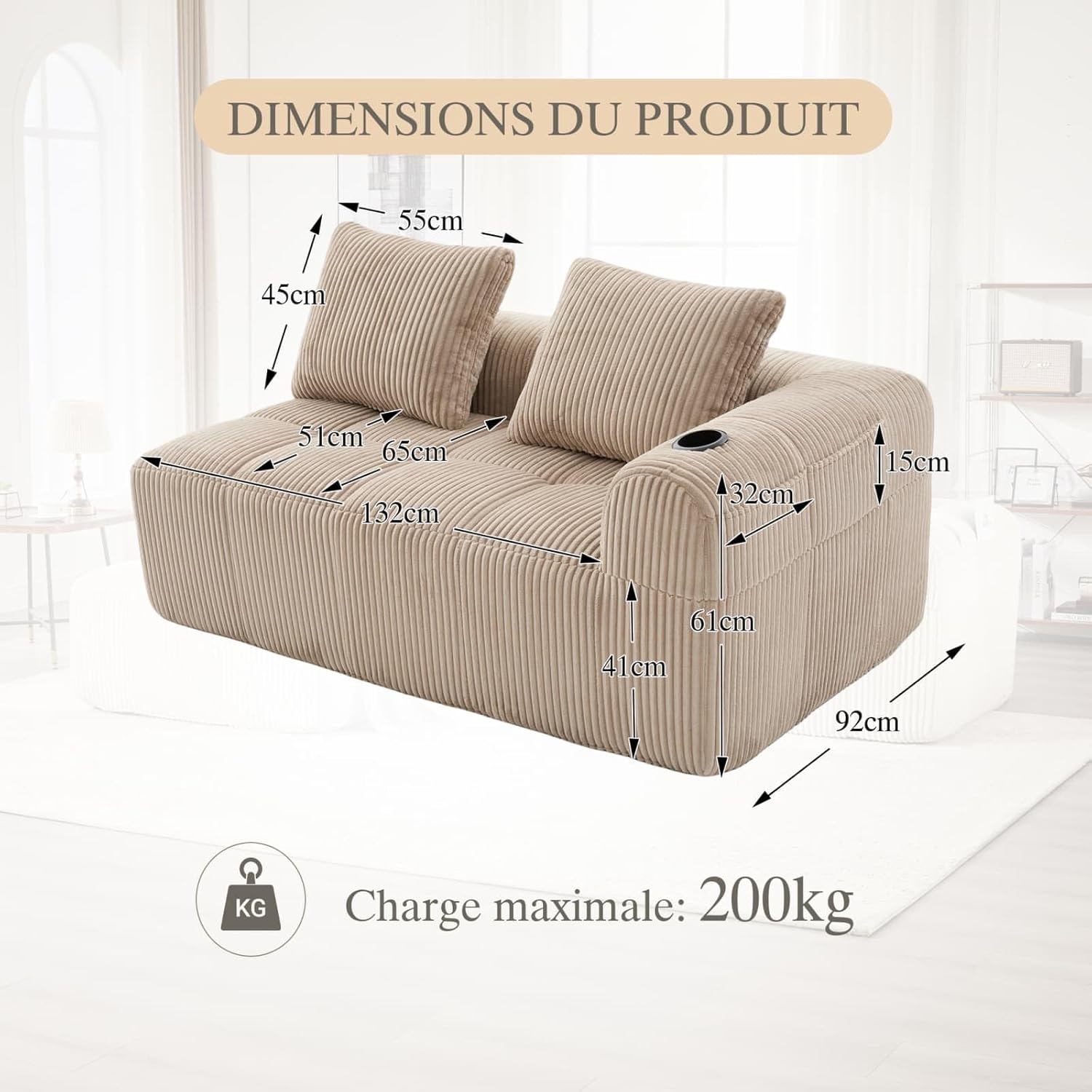 Canapé en Velours côtelé Moderne avec 2 Coussins, 2 Poches latérales, Canapé de Loisirs Modular 2 Places avec 2 Porte-gobelet, Canapé d'angle pour Salon, Bureau (Khaki) UW1265353