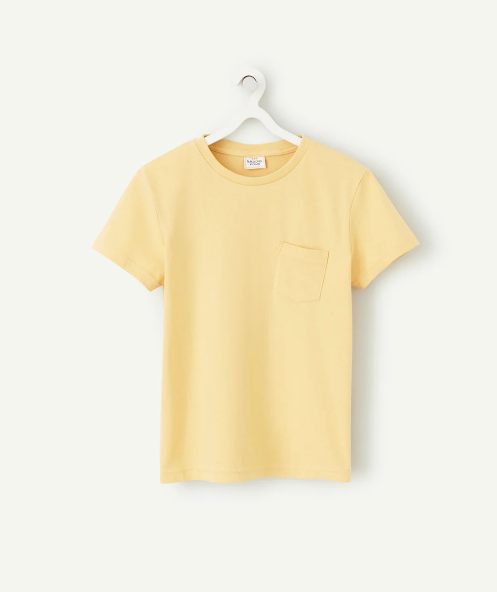 T-SHIRT GARÇON EN COTON BIO ET À MANCHES COURTES JAUNE AVEC POCHE