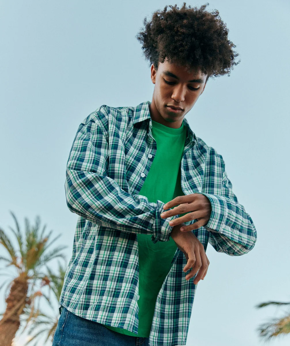 CHEMISE À CARREAUX MANCHES LONGUES GARÇON EN COTON BIO BLEUE ET VERTE