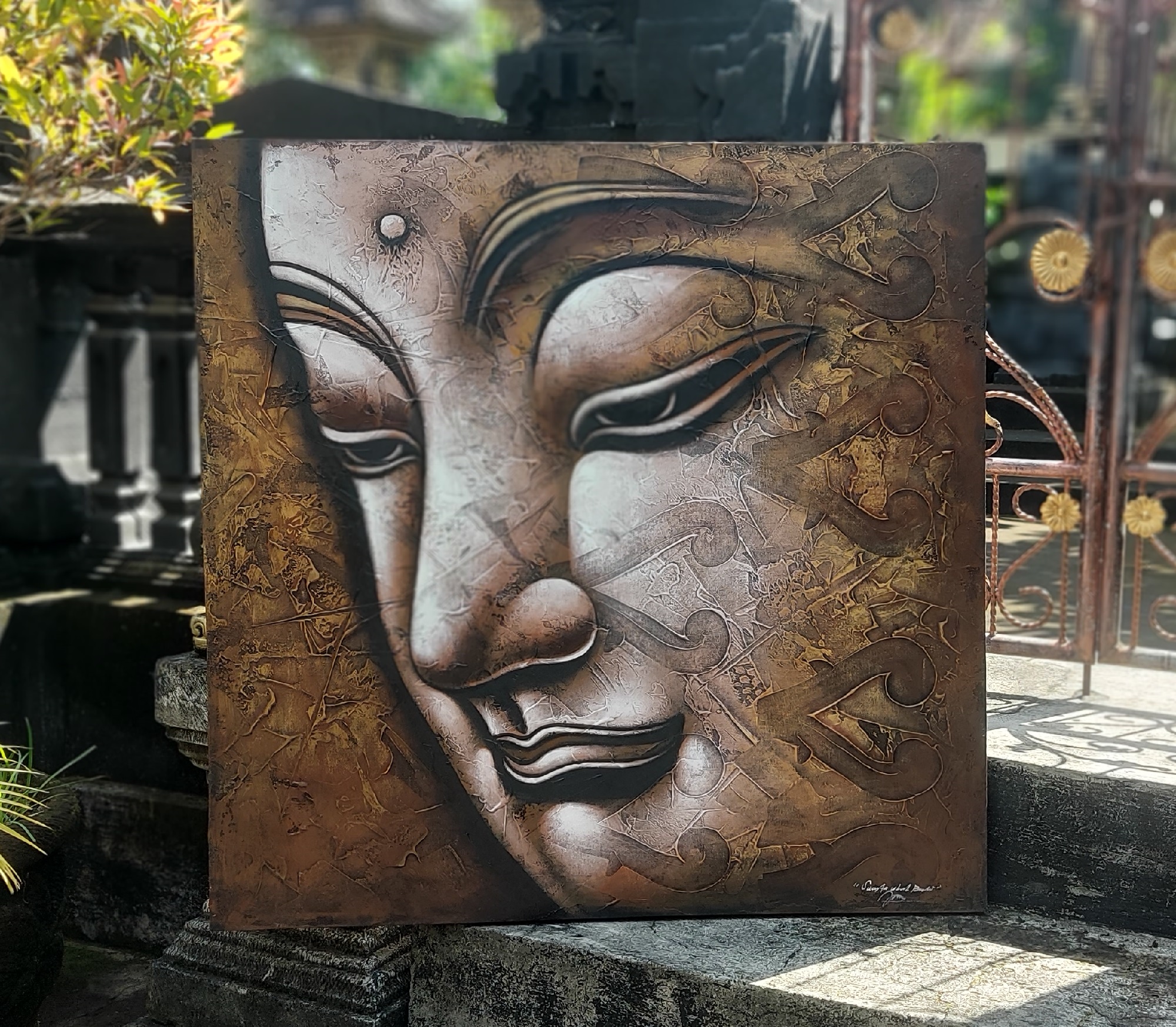 Gemälde Buddhakopf bronze, H 100 cm, B 100 cm, L 4 cm von fischer's lagerhaus