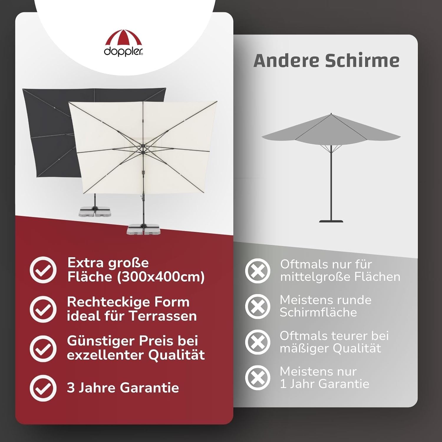 Doppler großer Pendelschirm Jack 400x300cm Natur I Sonnenschirm für Terrasse I Ampelschirm knickbar I Kurbelschirm UV-beständig aus Aluminium I Multifunktions-Pendelschirm