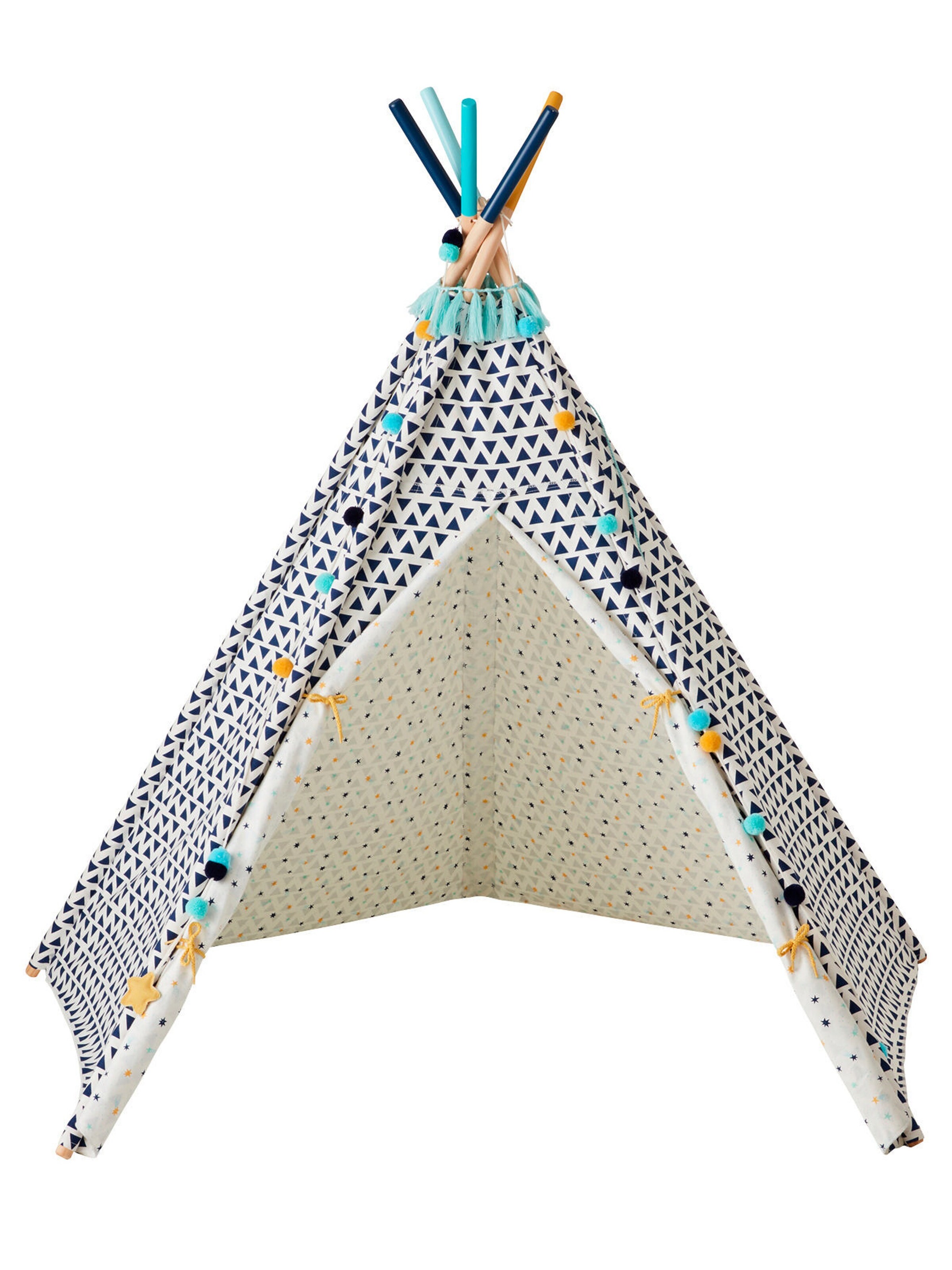 Vertbaudet Kinder Spielzelt SIOUX, wendbares Tipi mit Holzstangen, FSC® weiß/blau bedruckt