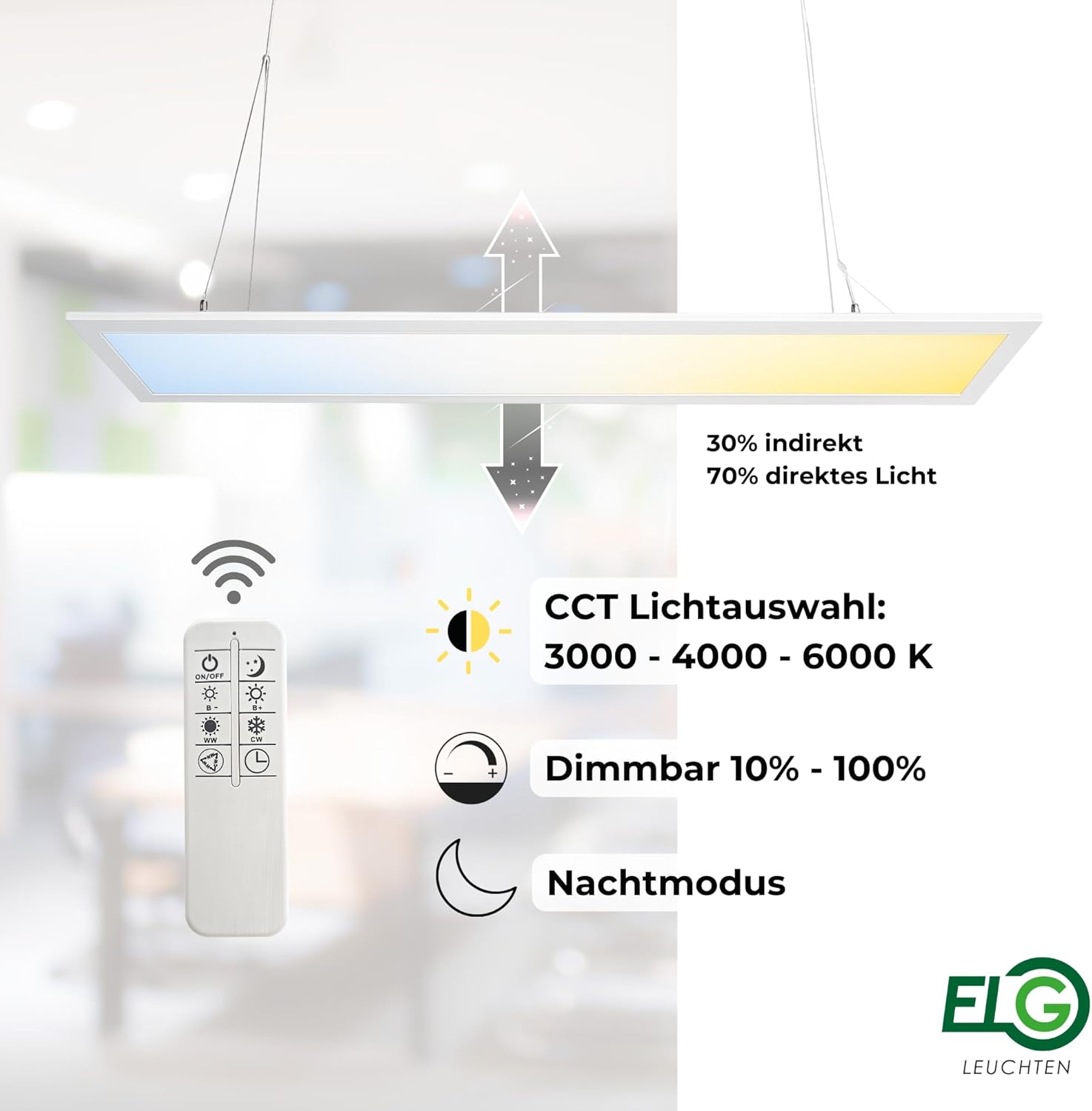 LED Pendelleuchte 120cm direkt/indirekt Dimmbar CCT 3000-6000K mit FB Mikroprismatische Abdeckung 32 Watt 2880 lm CRI>90 IP20 Pendelleuchte Höhenverstellbar Hängelampe Hängeleuchte