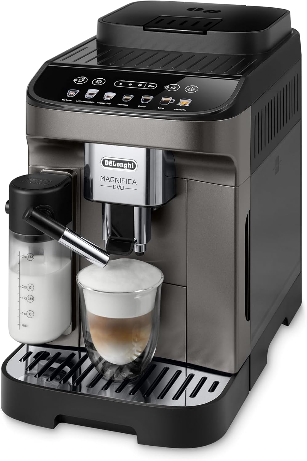 De'Longhi Magnifica Evo ECAM290.81.TB, Vollautomatische Kaffeemaschine, Kompakte Größe, Bean-to-Cup-Maschine, Automatischer Milchaufschäumer, 7 Rezepte, Soft Touch Farbdisplay, Titan/Schwarz