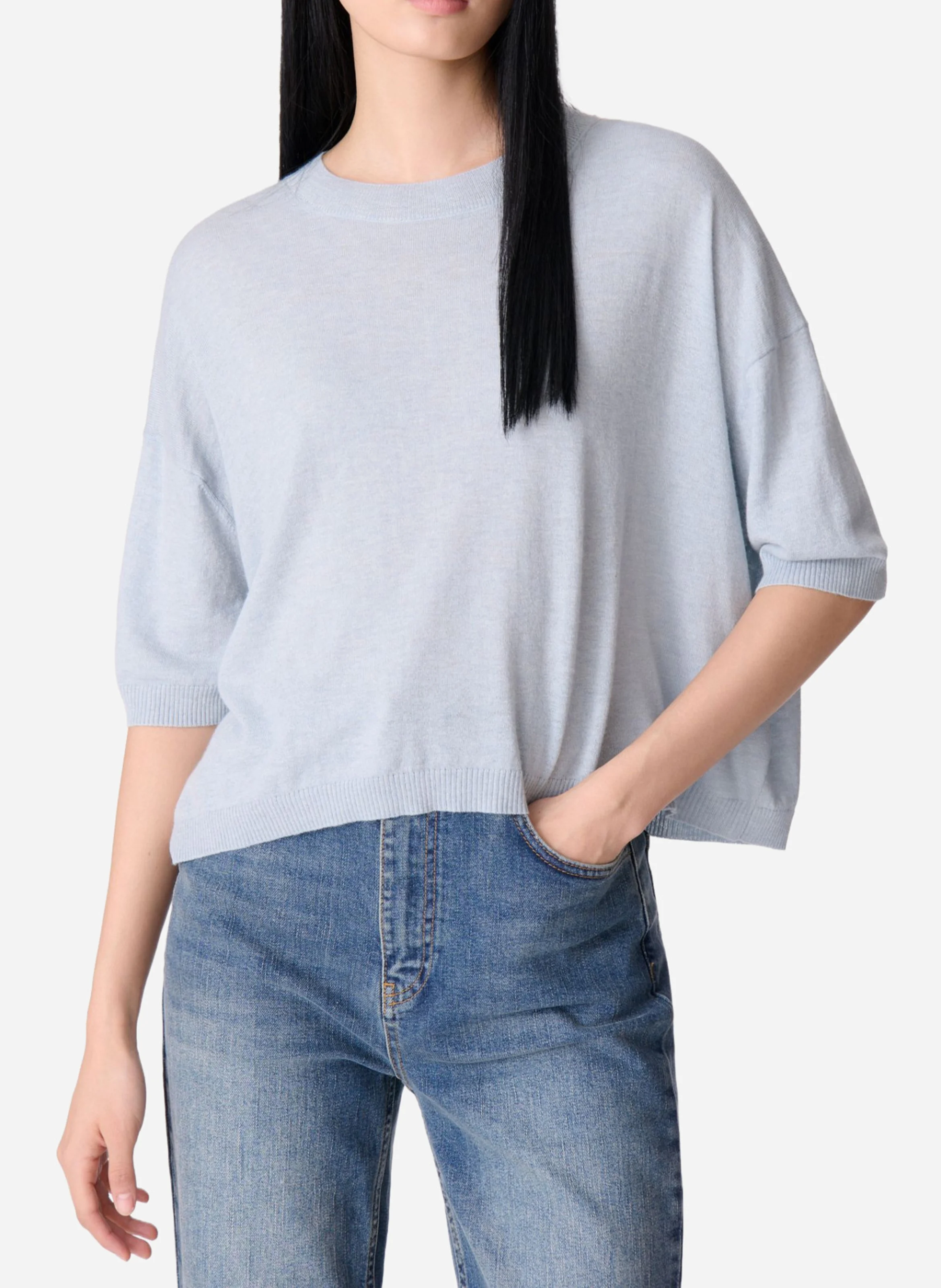 DELIAH - Pull droit col rond en laine mélangée | Bleu