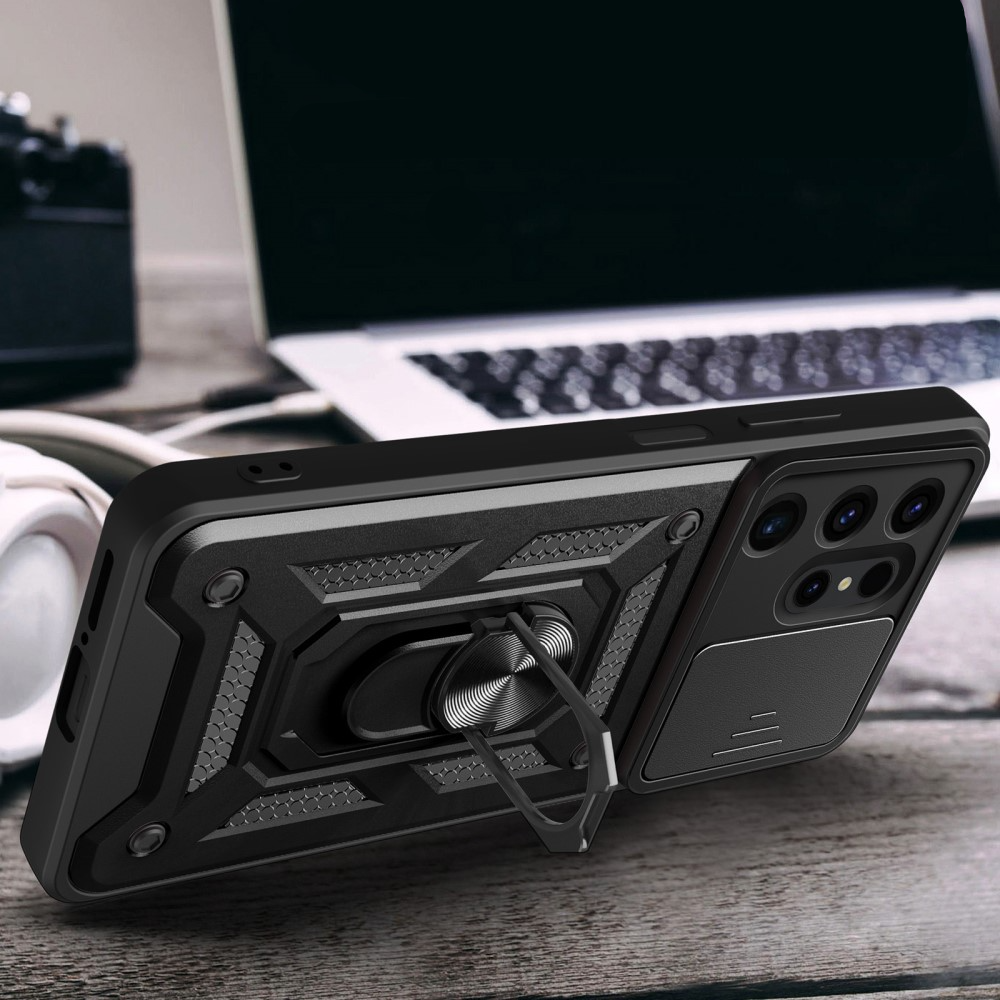 Samsung Galaxy S24 Ultra Hybrid Outdoor Hardcase Hülle mit Cam-Slider   Magnetischer Kickstand - Schwarz