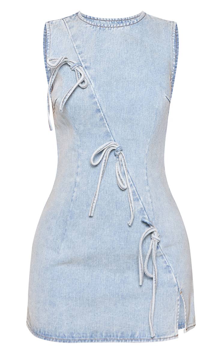 Mid Blue Wash Robe Courte En Denim Bleu Moyen Asymétrique Avec Détail Nœud Petite