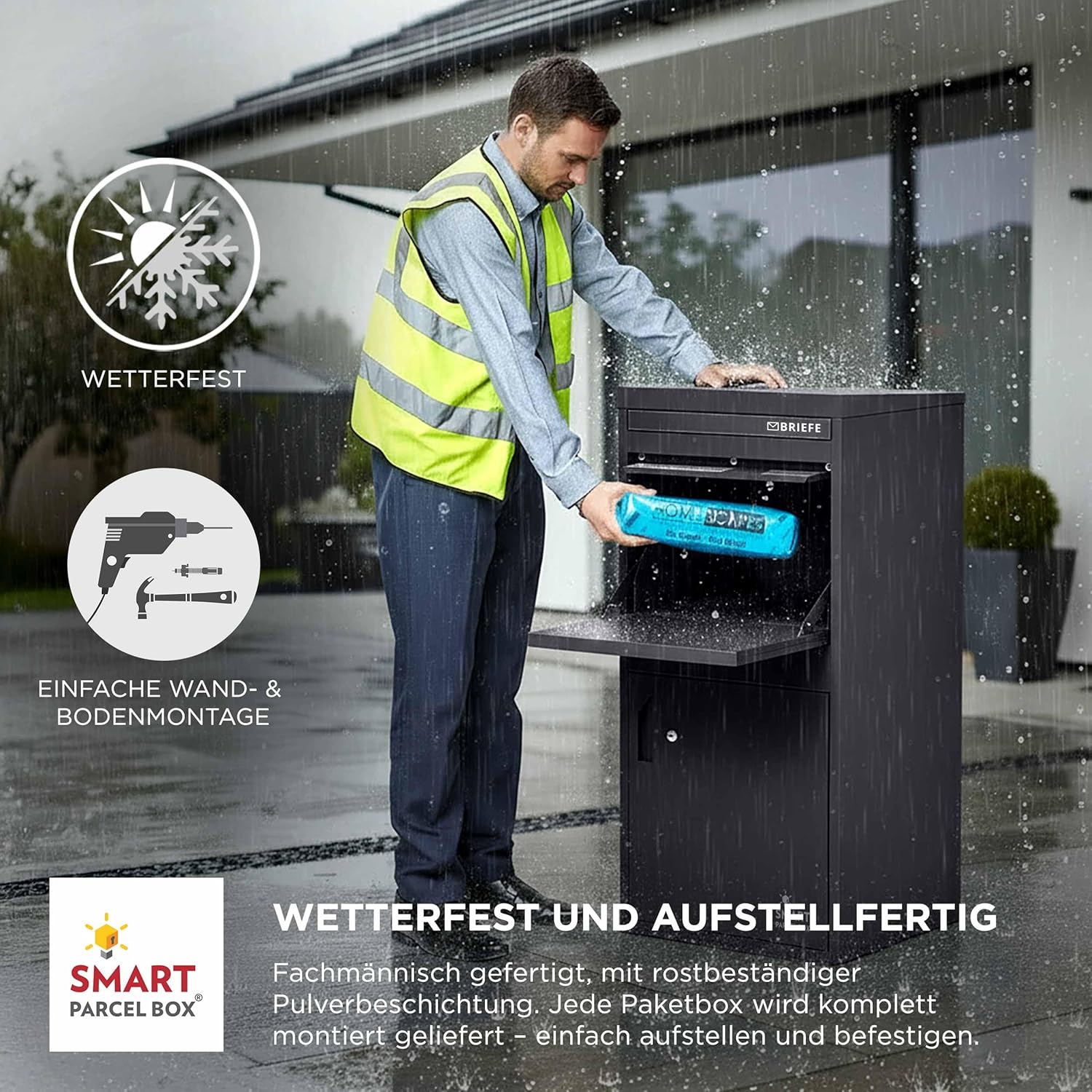 SMART PARCEL BOX XXL Paketbox für draußen, Paketbriefkasten zum Einbauen, zur Wandmontage oder freistehend, Entnahme hinten & vorne, rostfreier Stahl, schwarz