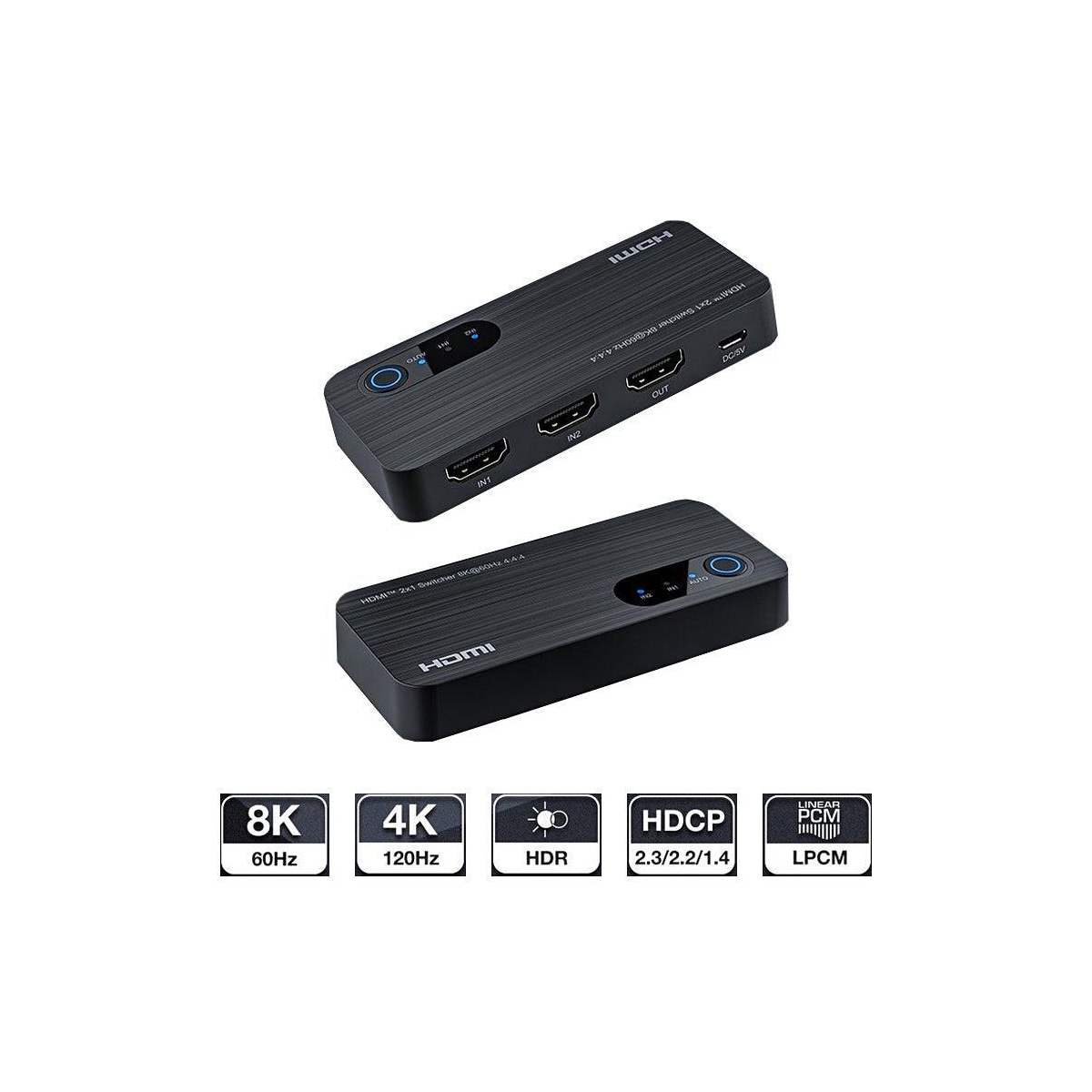 NÖRDIC HDMI-svitsj 2 til 1 8K60Hz 4K120Hz 48Gbps HDR HDCP2.3 Surround 7.1 CEC