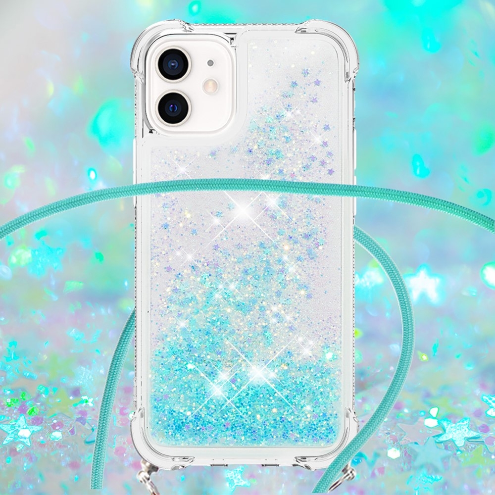 iPhone 12 / iPhone 12 Pro Necklace Gummi Hülle Liquid Glitzer   Handykette (130cm) - Türkis