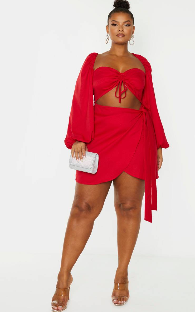 Rouge Robe Moulante Grande Taille Froncée À Découpes