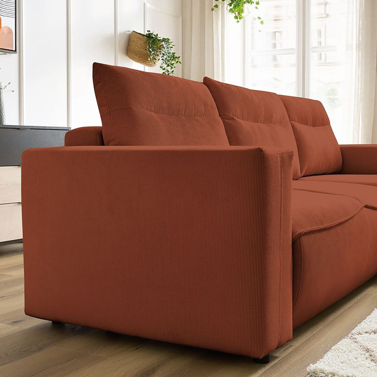 Bobochic Canapé d'angle droit convertible coffre jasmin velours côtelé orange - 256x158x90 cm