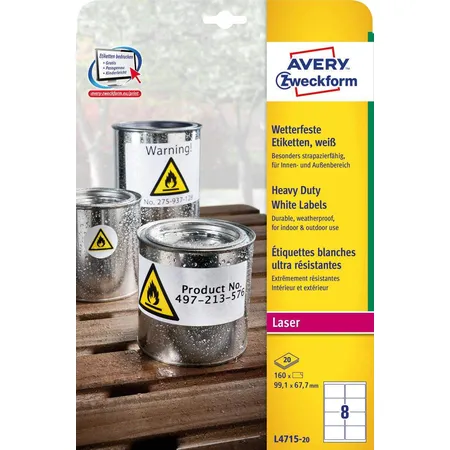 Avery Zweckform L4715-20 Wetterfeste Folien-Etiketten, 99,1 x 67,7 mm, 20 Bogen/160 Etiketten, weiß