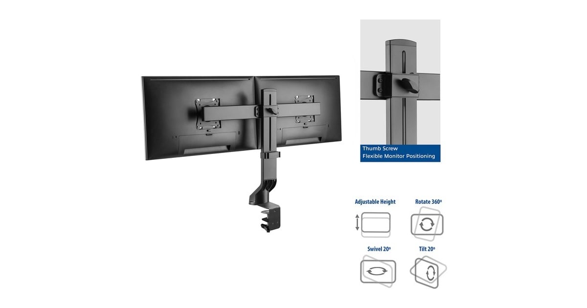 ACT ConnectivityMonitorarm office, op voet met gasveer, crossbar, 2 schermen  (Zwart)