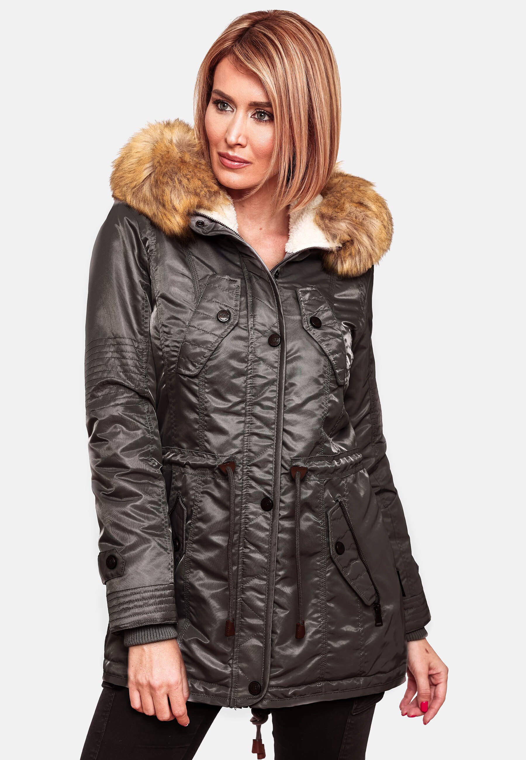 NAVAHOO Damen Hochwertiger Wintermantel Winterparka mit großem Kunstfell La Viva
