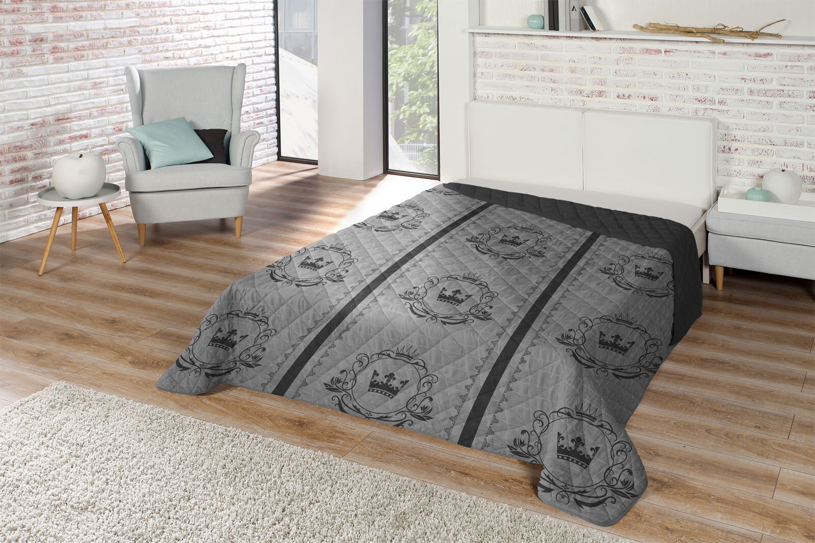 Tagesdecke Krone 220 x 240 cm schwarz/grau