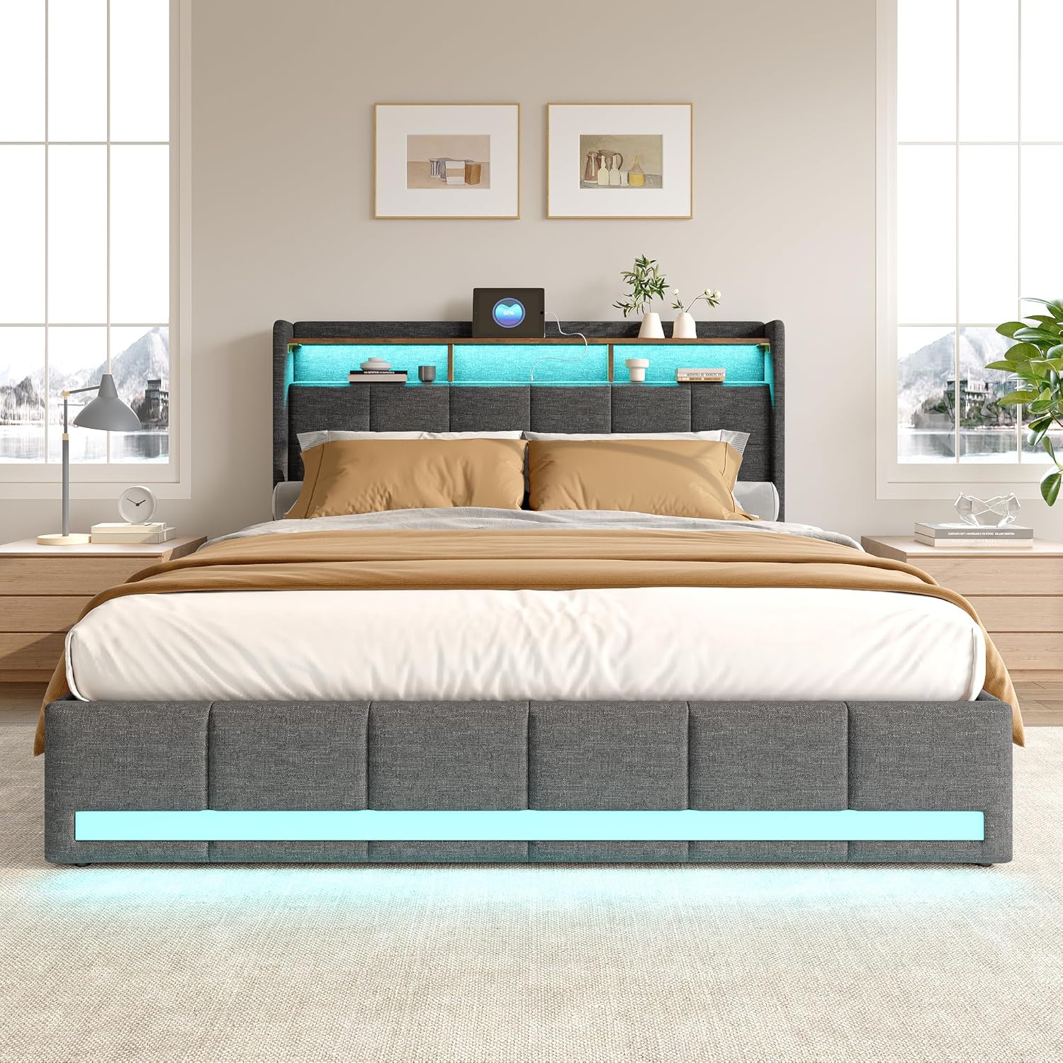 Bett 180x200, Polsterbett Doppelbett mit LED und USB, 4 Schubladen, Kopfteil mit Stauraum, Boxspringbett Bettgestell mit Lattenrost, Modern Jugendbett Erwachsenenbett, Leinen, Grau, Ohne Matratze