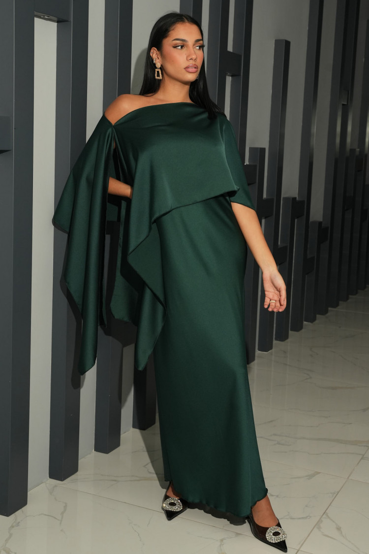 Robe 2 pièces bustier + poncho satiné vert foncé