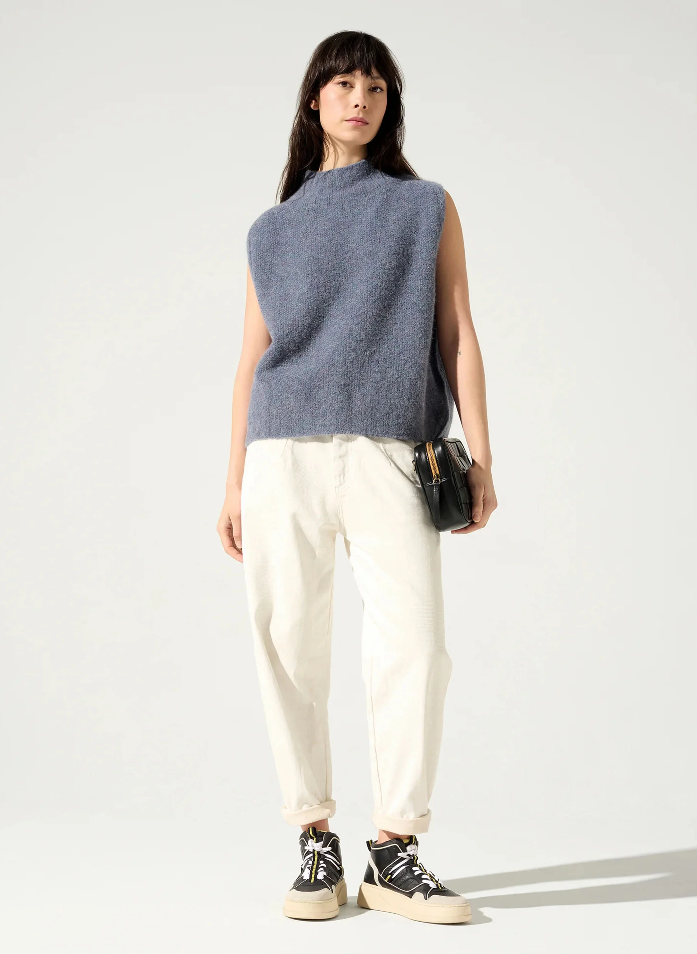 WAYNE - Pull sans manches col montant en maille mélangée | Bleu