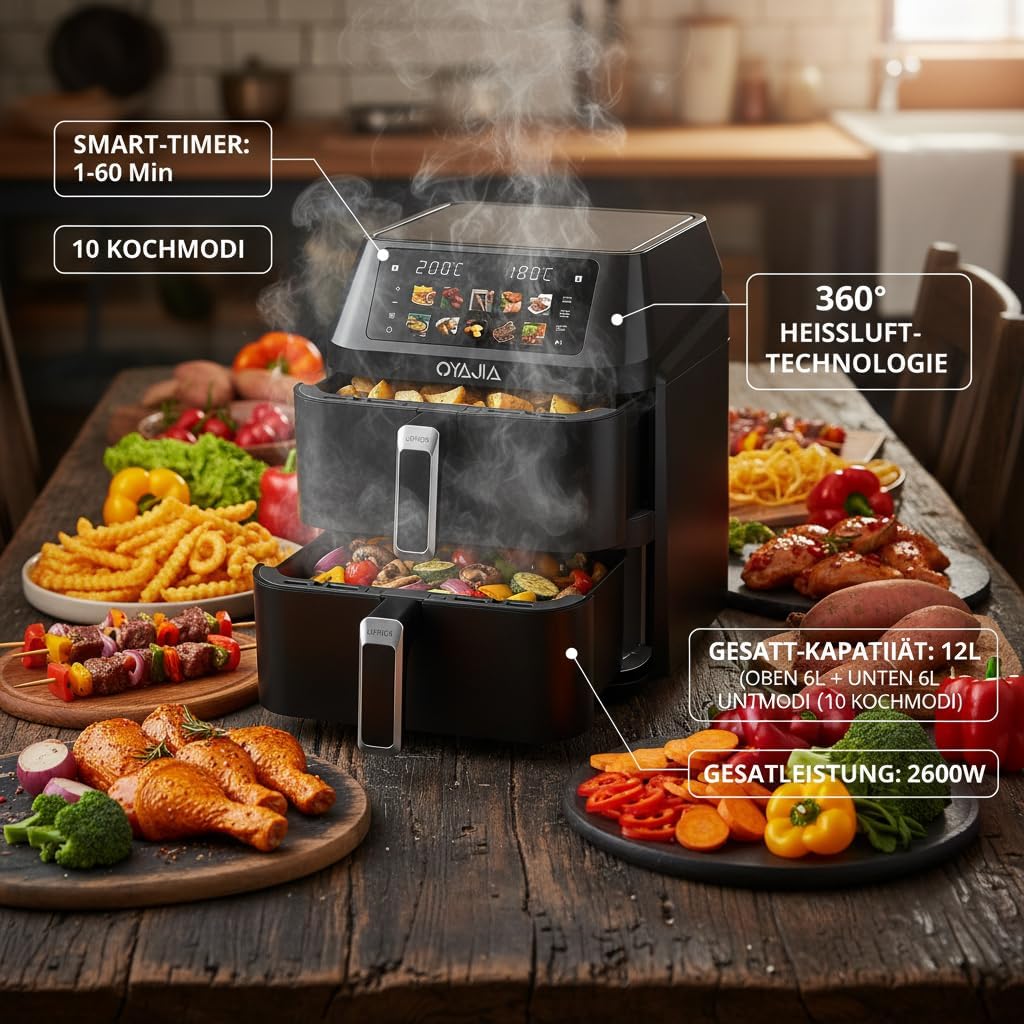 Airfryer, Heißluftfritteuse 2 Kammern, 12 L Heissluftfritteuse, Innovative Mehrfach-Luftgeschwindigkeit, Spart 41 Prozent Platz,10 Programme Mit Automatisch Voreingestellter