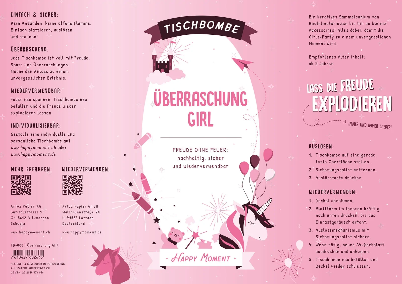 (29.7cm) Ø11cm Wiederverwendbare Tischbombe Deko Partybombe für Kinder Geburtstage (TB-003) - Überraschung Girl