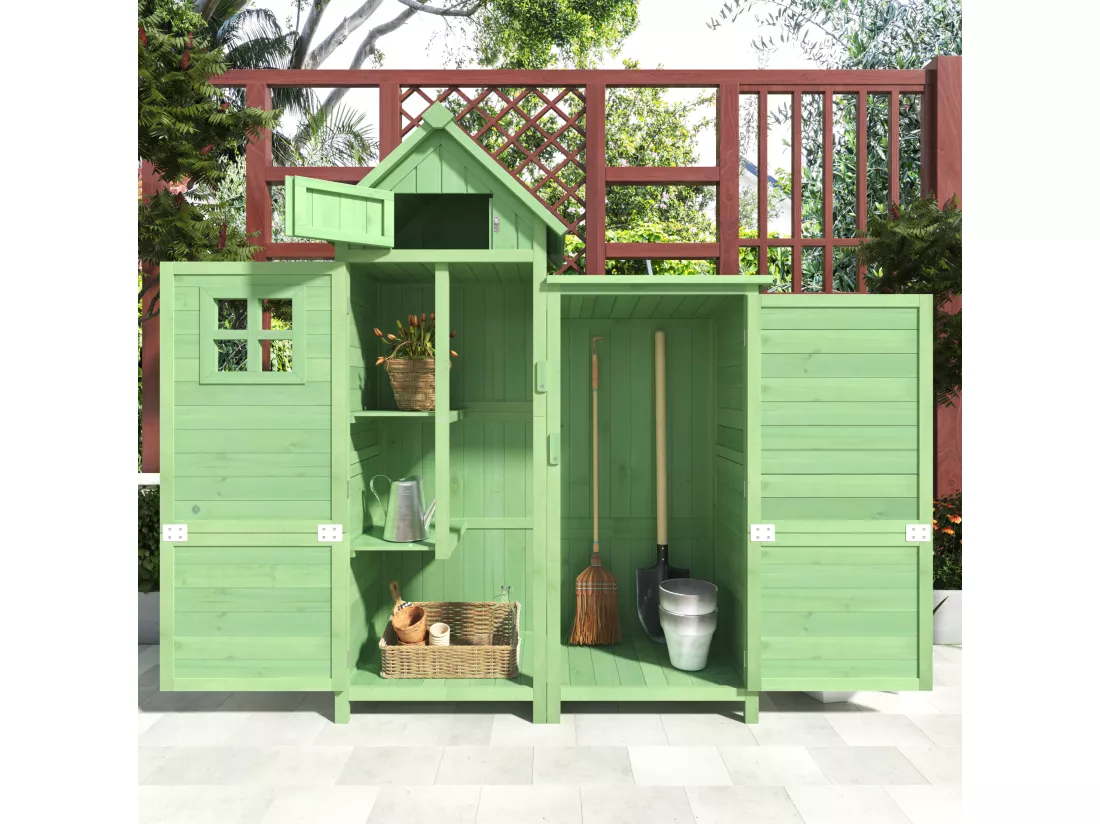 Abri de jardin en bois massif avec toit pente en PVC - 2 étagères 3 portes loquets - L118 x P54 x H173 cm - Vert