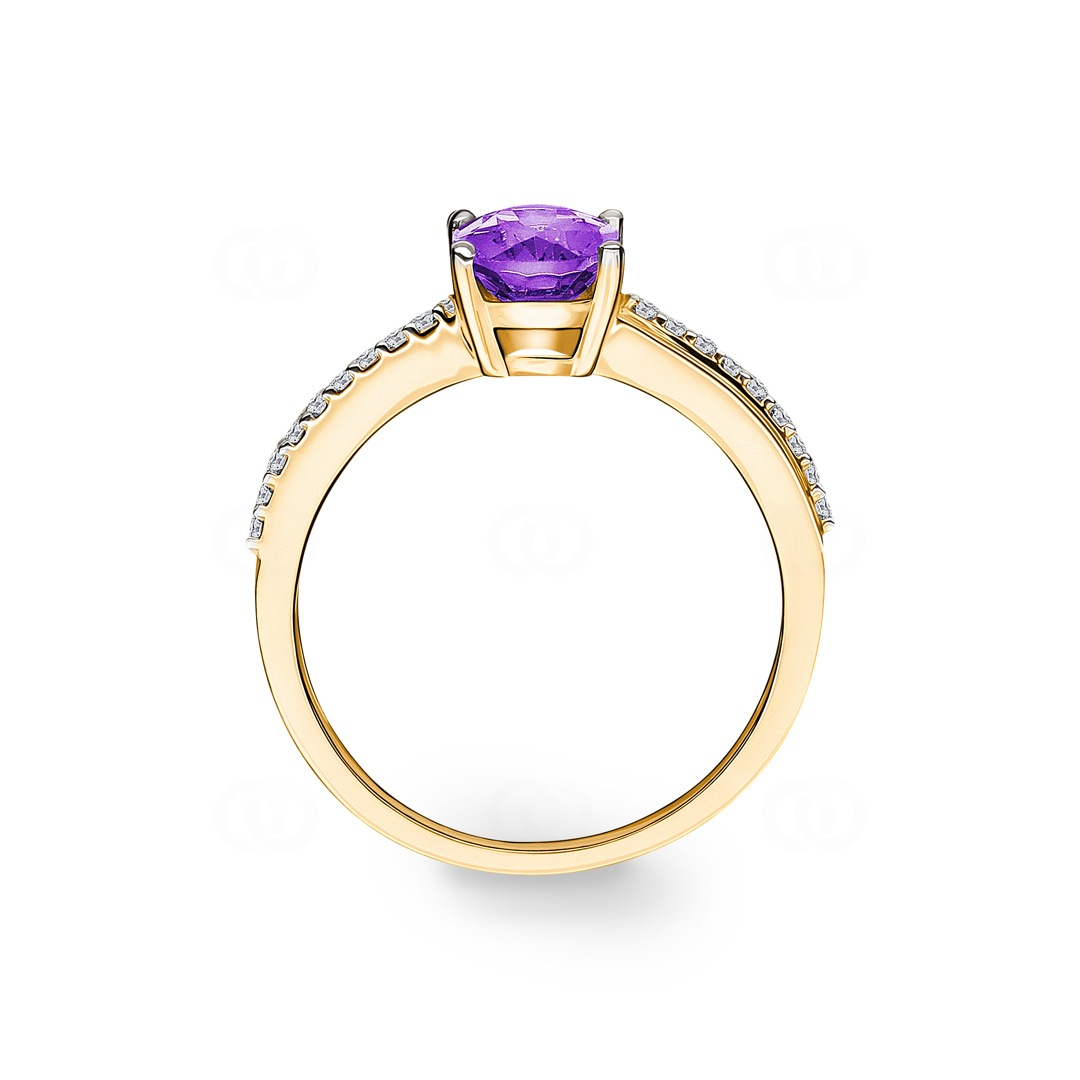 Damenring 750/18 K Gelbgold mit Amethyst oval und Diamanten 0.09 ct H/si