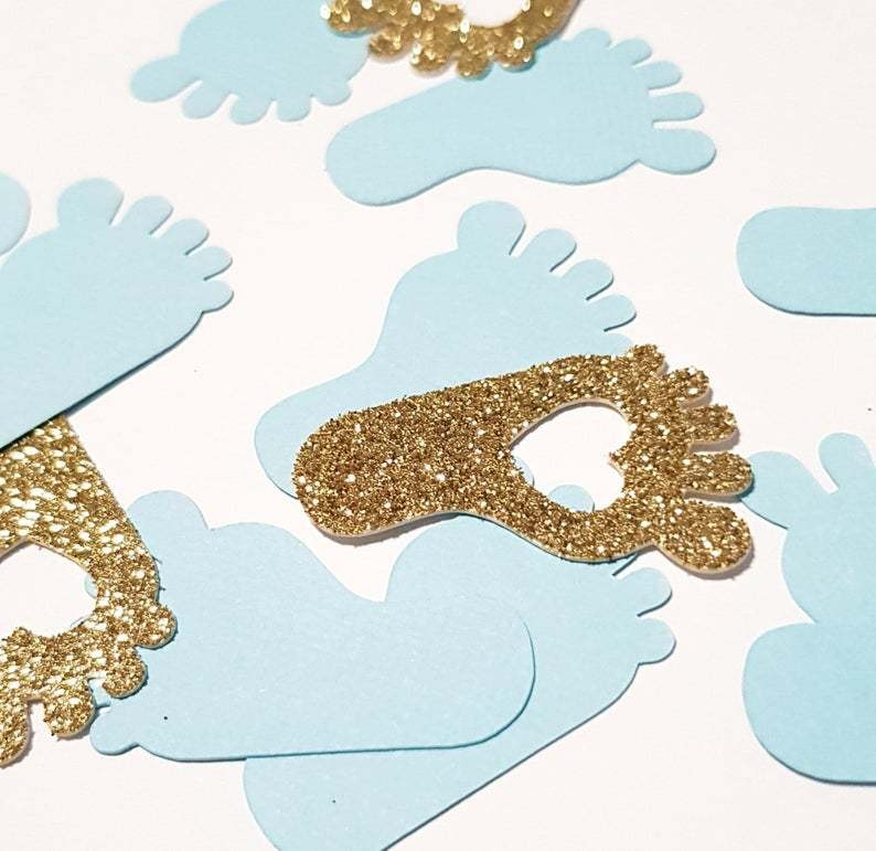 (100er Set) 40x22m Konfetti Baby Shower Footprint Streukonfetti Gender Reveal Party Tischdeko - Blau / Gold