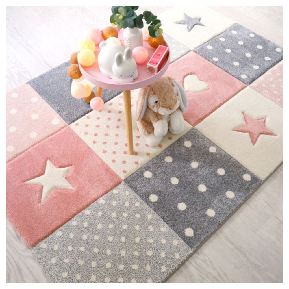 Tapis enfant fille - étoile et cœur - rose pastel gris crème - 160 x 230 cm