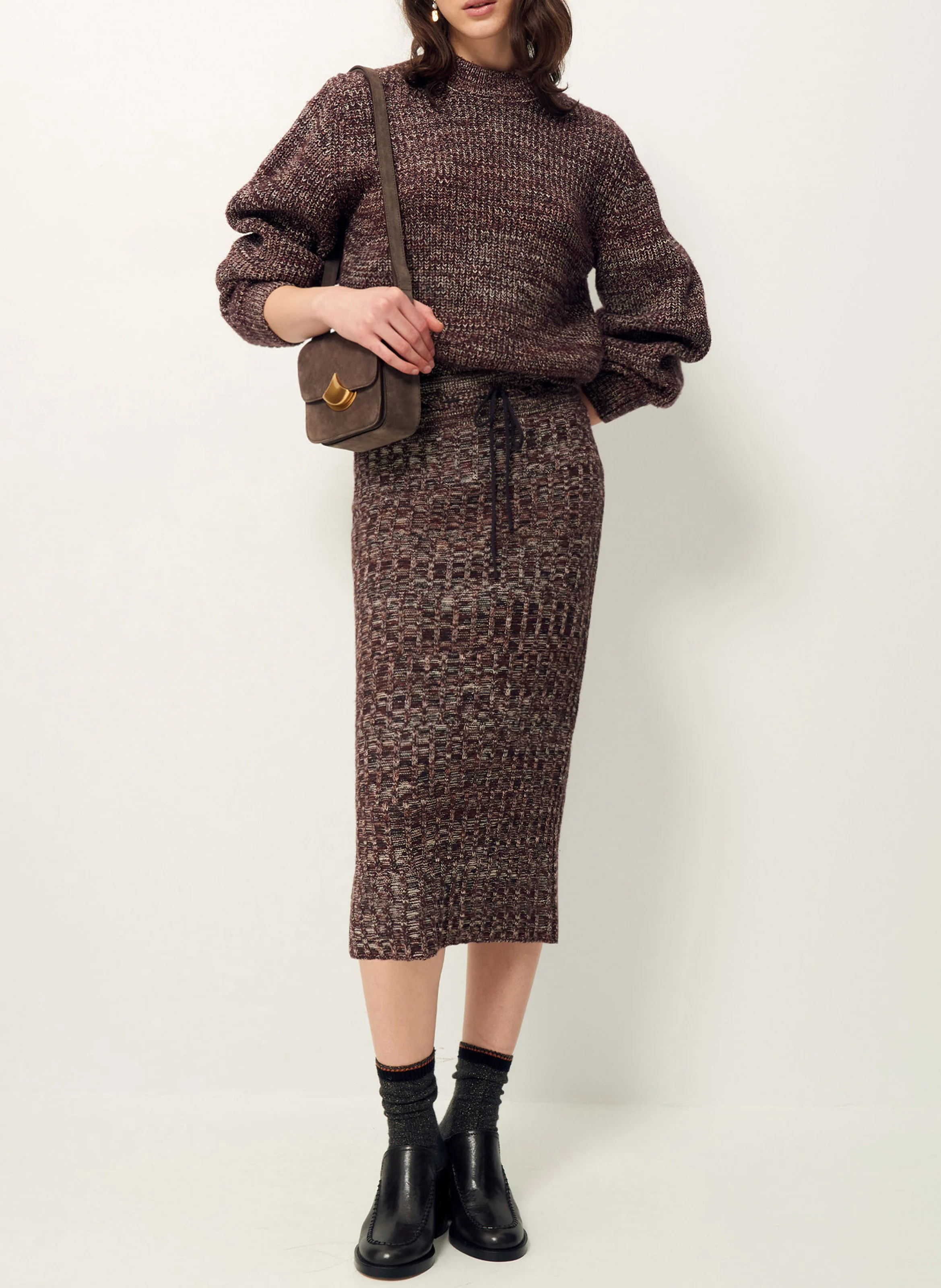 MARLINA - Jupe crayon mi-longue en maille | Marron