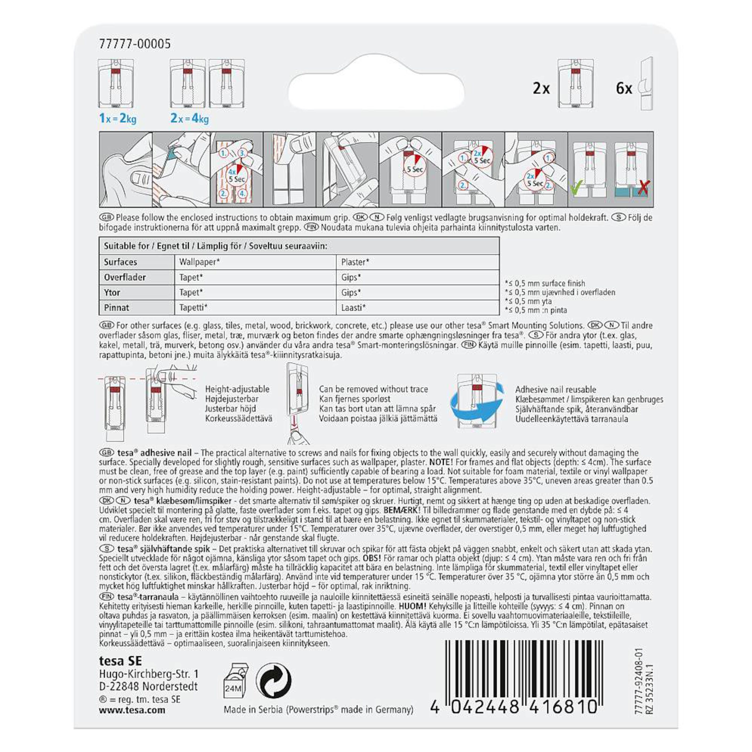 Tesa Justerbar limspiker for tapet og gips 2 kg 2-pk.