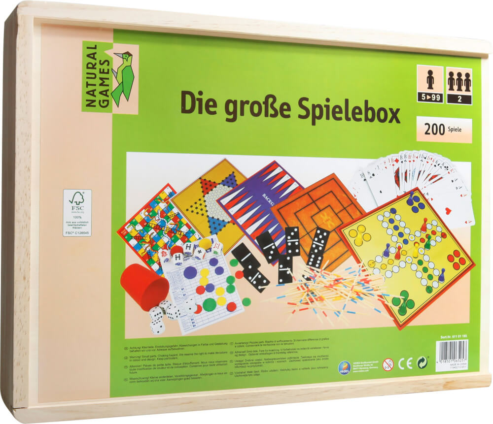 Natural Games Holz-Spielesammlung 200 in 1, Gesellschaftsspiele, ca. 38,5x28,5x6,9 cm, ab 2 Spieler, ab 5 Jahren