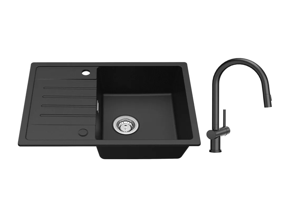 Cecipa max Evier 1 Bac avec Egouttoir Evier à encastrer Quartz et résine Noir 65x45cm + Mitigeur avec Douchette Extractible avec 2 Types de Jet Noir