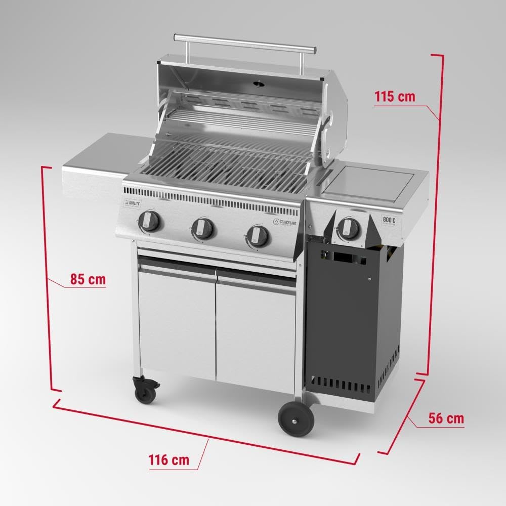 Schickling Gasgrill 'Henry L - Deluxe' Edelstahlgrill Grillwagen mit Unterschrank, Doppelwandigem Deckel, 3 Brenner, 800 Grad Seitenbrenner & 3-teiligem Grillrost - Made in Germany