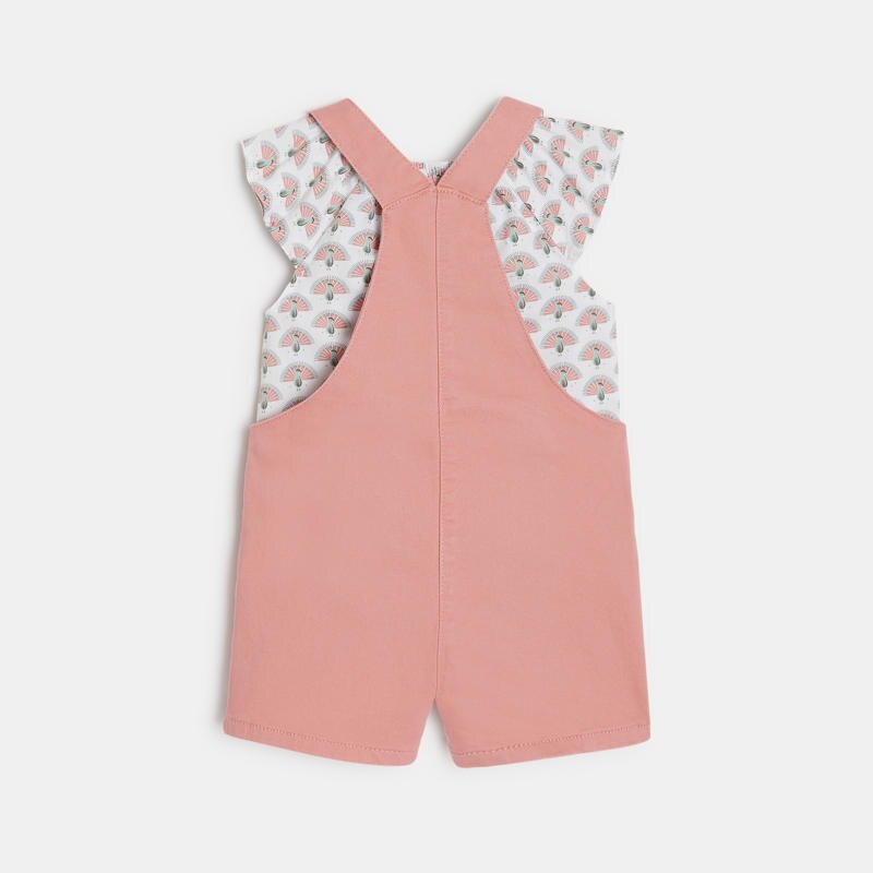 Salopette courte et blouse paons rose bébé fille Rose